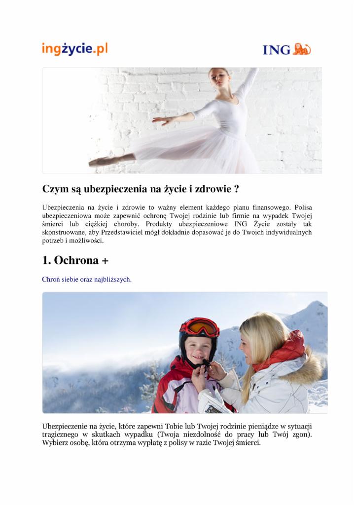 Ulotka reklamowa ING Życie z hasłem 'Czym są ubezpieczenia na życie i zdrowie?' i zdjęciami: balerina oraz matka zapinająca kask dziecku na tle gór.