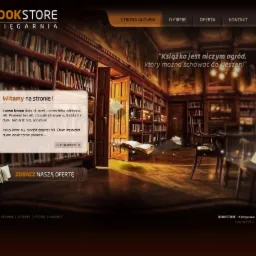 Makieta strony internetowej księgarni z wirtualną biblioteką, otwartymi drzwiami i latającymi książkami.