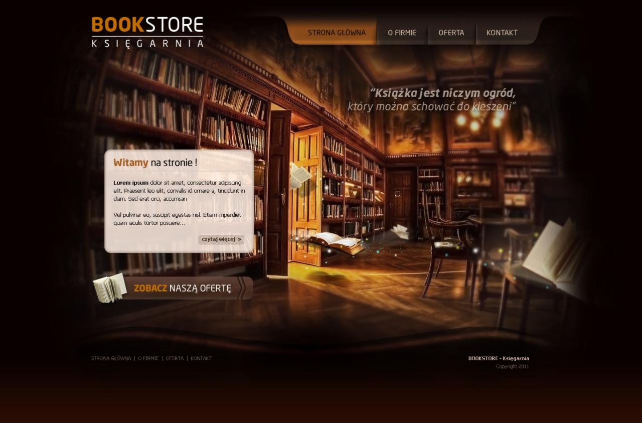 Makieta strony internetowej księgarni z wirtualną biblioteką, otwartymi drzwiami i latającymi książkami.