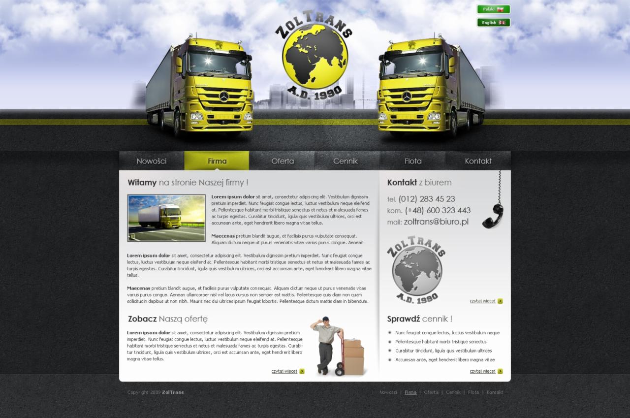 Zrzut ekranu strony internetowej firmy transportowej ZolTrans z dwoma żółtymi ciężarówkami w tle i sekcjami 'Nowości', 'Firma', 'Oferta', 'Cennik', 'Flota' i 'Kontakt'.