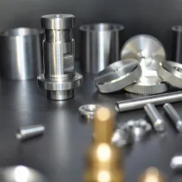 Precyzyjnie obrobione, metalowe elementy o różnych kształtach i rozmiarach, w tym cylindryczne tuleje, wałki, pierścienie z radełkowaną powierzchnią, ułożone na ciemnym, gładkim tle, z delikatnym...