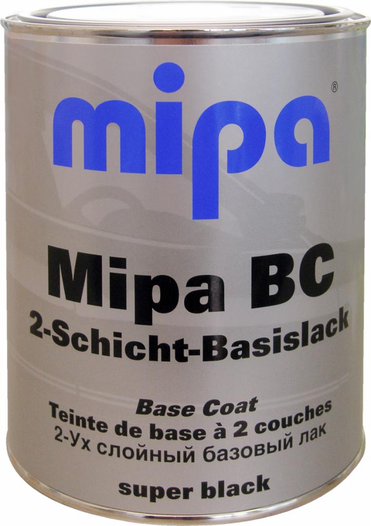 Puszka srebrnego lakieru bazowego Mipa BC 2-Schicht-Basislack Super Black z niebieskim logo Mipa, opis w języku niemieckim, francuskim i rosyjskim.