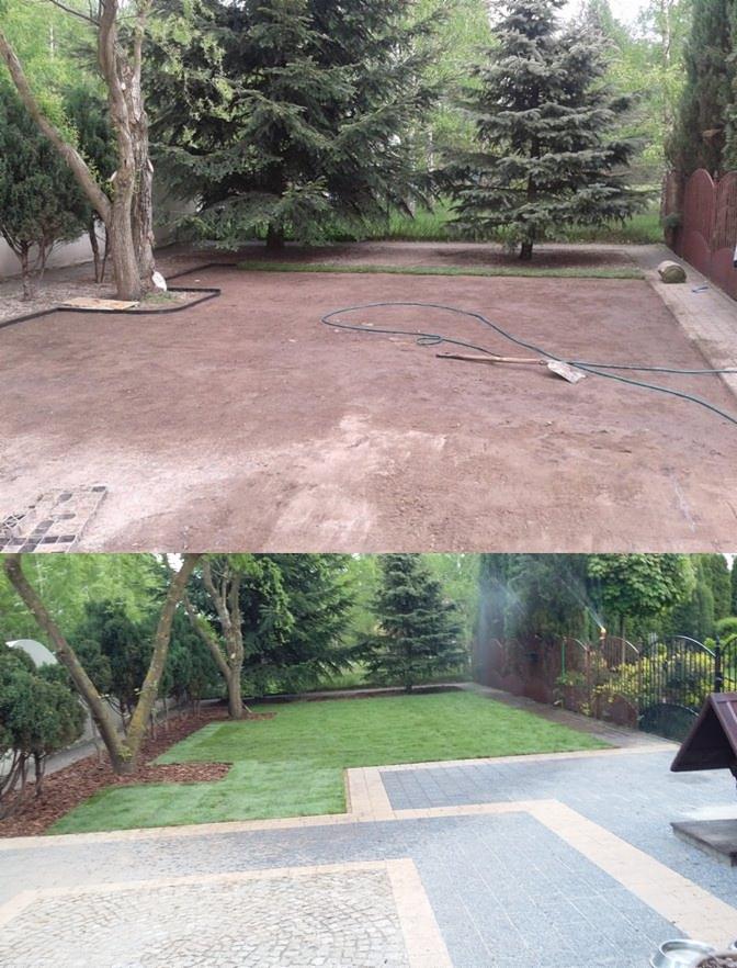 Zdjęcie 'przed i po' przedstawia przygotowany teren pod trawnik z widocznym wężem ogrodowym i łopatą, a następnie efekt końcowy z ułożoną trawą i kostką.