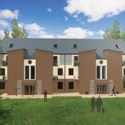 Res Broker Sp z o.o. - Wizualizacja dwukondygnacyjnego budynku wielorodzinnego z cegły i jasnego tynku, z szarym dachem i małymi oknami dachowymi, otoczonego zielenią i sylwetkami ludzi, przedstawiona w stylu projektu...