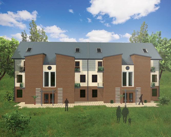 Wizualizacja dwukondygnacyjnego budynku wielorodzinnego z cegły i jasnego tynku, z szarym dachem i małymi oknami dachowymi, otoczonego zielenią i sylwetkami ludzi, przedstawiona w stylu projektu...