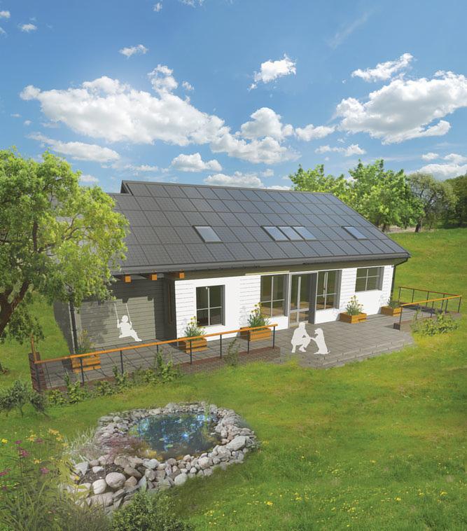 Projekt domu energooszczędnego ze słonecznymi panelami na dachu, zlokalizowanego w Słupsku, z widocznym oczkiem wodnym w ogrodzie.