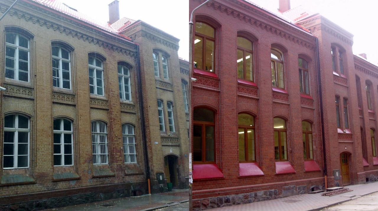 Zdjęcie elewacji budynku przed i po renowacji. Po lewej stronie budynek w odcieniach beżu, po prawej odnowiony budynek z czerwonej cegły.
