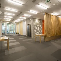 Wnętrze biurowe z wykładziną dywanową w odcieniach szarości, drewnianą ścianką działową i elementami dekoracyjnymi. Widok na hol z recepcją i windą.