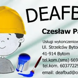 Wizytówka firmy DEAFBUD: kreskówkowa postać w kasku, puszka z farbą, pędzel, miara zwijana. Usługi wykończeniowe wnętrz, kontakt: Czesław Patalas, Bytom.