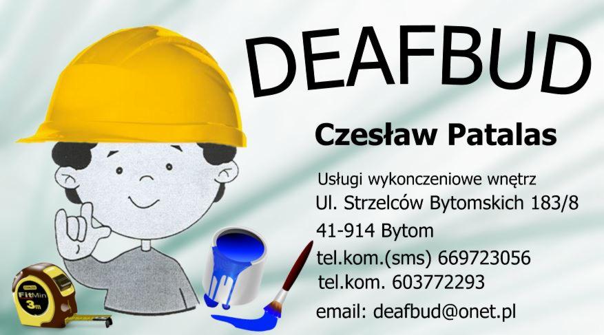 Wizytówka firmy DEAFBUD: kreskówkowa postać w kasku, puszka z farbą, pędzel, miara zwijana. Usługi wykończeniowe wnętrz, kontakt: Czesław Patalas, Bytom.