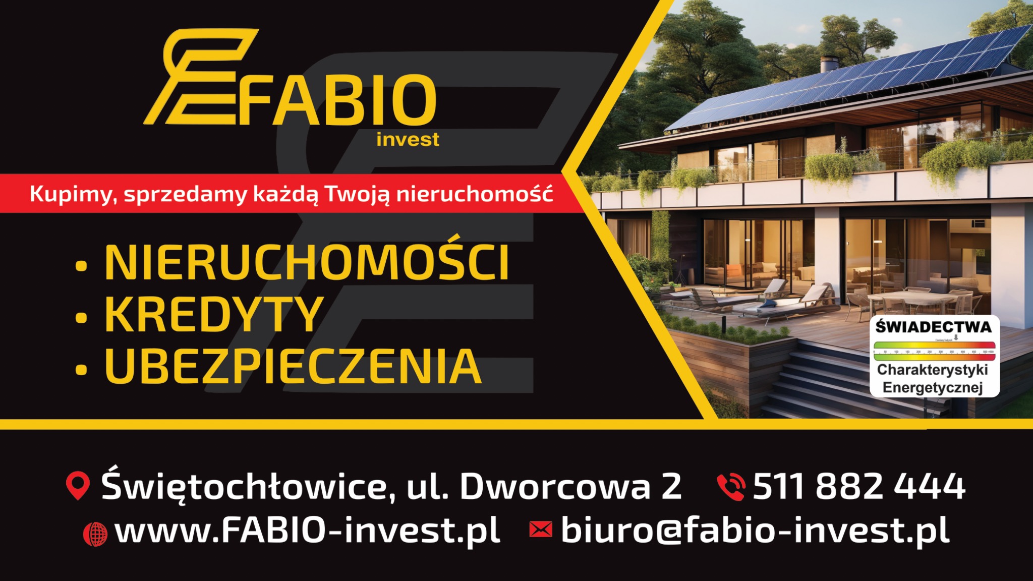 Czarno-żółty baner Fabio Invest z nowoczesnym domem z panelami słonecznymi, informacją o nieruchomościach, kredytach, ubezpieczeniach i świadectwem energetycznym.