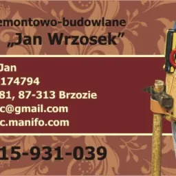 Wizytówka firmy remontowo-budowlanej 'Jan Wrzosek' z numerem telefonu, NIP-em i adresem e-mail, na tle pasa narzędziowego