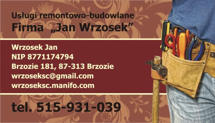 Wizytówka firmy remontowo-budowlanej 'Jan Wrzosek' z numerem telefonu, NIP-em i adresem e-mail, na tle pasa narzędziowego