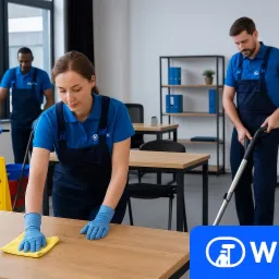 Trzy osoby w niebieskich uniformach czyszczą biuro: kobieta ściera stół, mężczyzna odkurza, a trzeci myje podłogę. Widoczny znak ostrzegawczy 'Caution Wet Floor'.