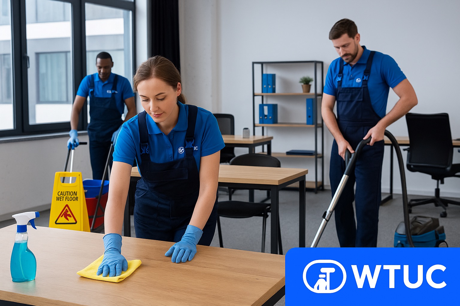 Trzy osoby w niebieskich uniformach czyszczą biuro: kobieta ściera stół, mężczyzna odkurza, a trzeci myje podłogę. Widoczny znak ostrzegawczy 'Caution Wet Floor'.