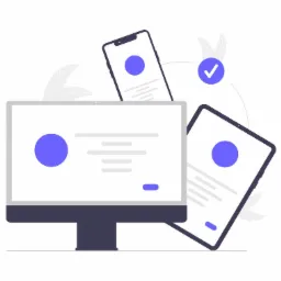 Ilustracja przedstawiająca monitor stacjonarny, tablet i smartfon z wyświetlonymi stronami internetowymi, z symbolem akceptacji w tle, sugerująca responsywność i poprawność działania witryny...