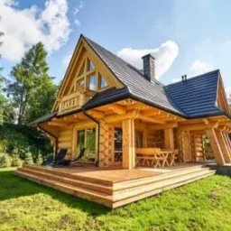 Dwukondygnacyjny dom z drewnianych bali z ciemną dachówką, dużym tarasem i kominem, otoczony zielenią drzew i trawnikiem w słoneczny dzień.