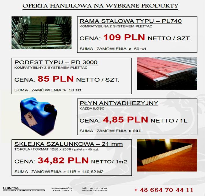 Oferta handlowa: niebieski kanister z płynem antyadhezyjnym o pojemności nieokreślonej, cena 4,85 zł netto za litr, minimalne zamówienie 20 litrów, obok ramki stalowe, podesty i sklejka szalunkowa.