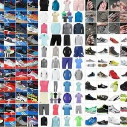 Kolaż różnorodnej odzieży i obuwia sportowego, damskiego i męskiego. Widoczne koszulki, spodnie, bluzy, dresy, buty sportowe różnych marek, kolorów i wzorów.