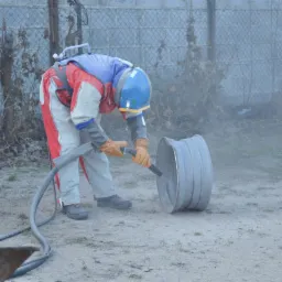 Pracownik w kombinezonie ochronnym i hełmie, za pomocą dyszy czyści metalową felgę na zewnątrz, widoczny pył i piasek.