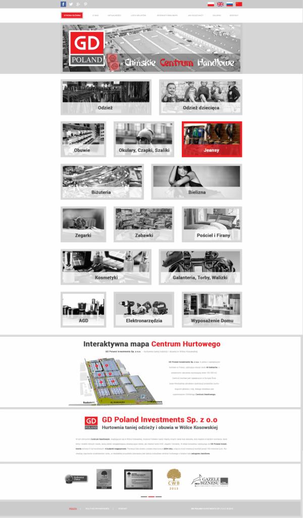 Strona internetowa hurtowni odzieży i obuwia GD Poland Investments z interaktywną mapą centrum hurtowego oraz kategoriami produktów w formie czarno-białych miniaturek.