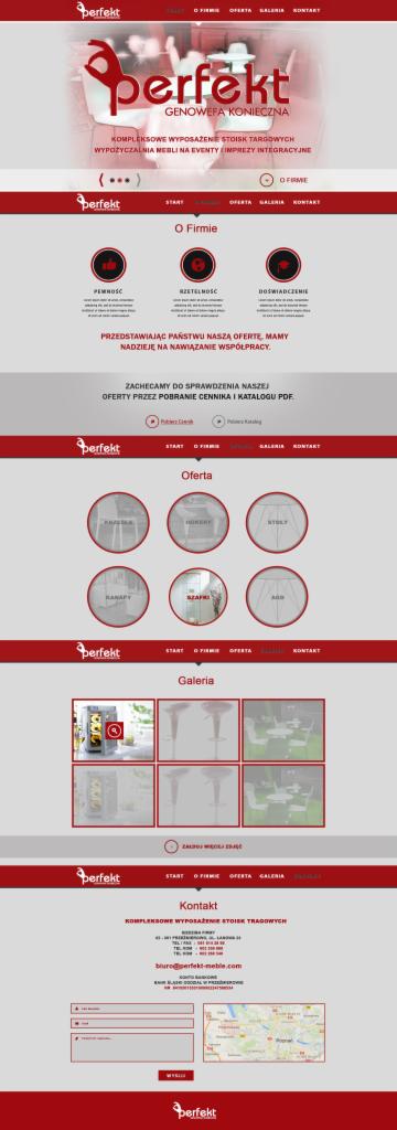 Strona internetowa firmy oferującej kompleksowe wyposażenie stoisk targowych i wypożyczalnię mebli na eventy, z widocznym menu, ofertą i galerią.