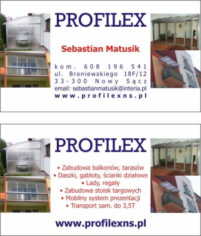 Ulotka reklamowa firmy Profilex oferującej zabudowy balkonów, tarasów, daszki, gabloty, ścianki działowe oraz zabudowy stoisk targowych, prezentująca przykładowe realizacje.