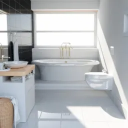 Wnętrze nowoczesnej łazienki z czarno-białymi płytkami, wolnostojącą wanną, umywalką nablatową i złotymi akcentami, oświetlone naturalnym światłem wpadającym przez okno.