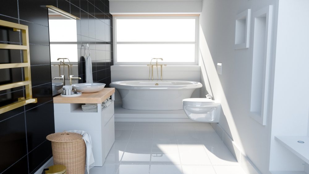 Wnętrze nowoczesnej łazienki z czarno-białymi płytkami, wolnostojącą wanną, umywalką nablatową i złotymi akcentami, oświetlone naturalnym światłem wpadającym przez okno.