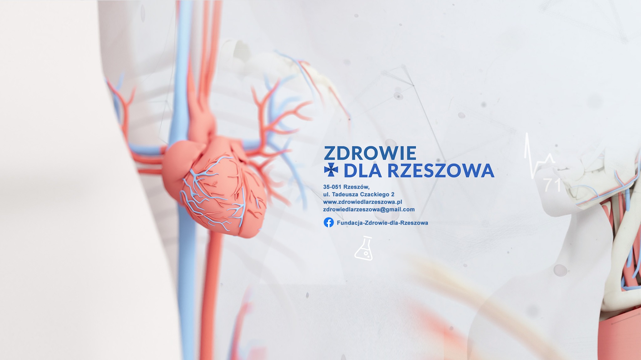 Grafika przedstawia model serca z niebieskimi i czerwonymi naczyniami krwionośnymi na rozmytym tle z napisem 'Zdrowie dla Rzeszowa', adresem i danymi kontaktowymi.