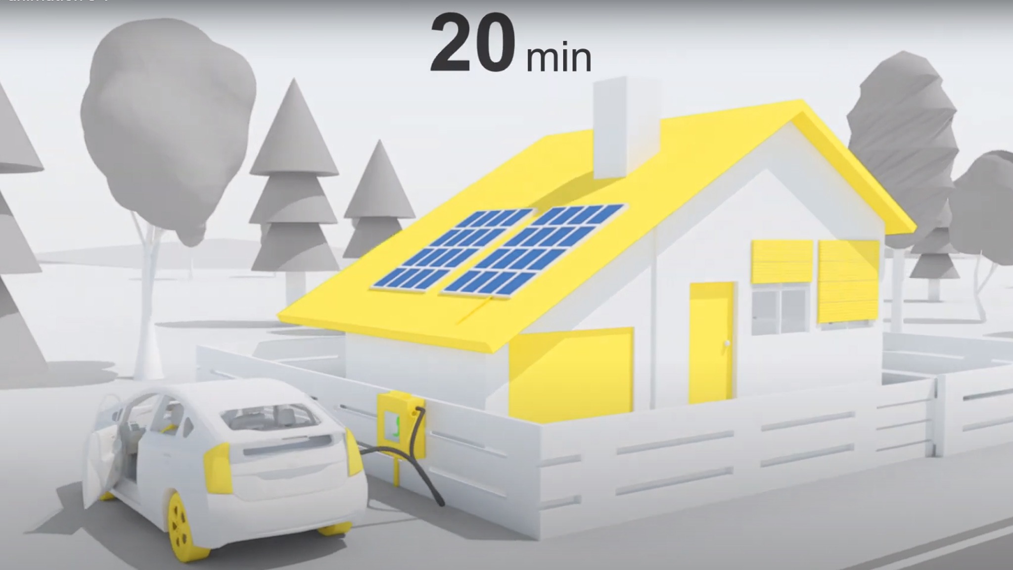 Animowana wizualizacja domu z żółtym dachem i panelami słonecznymi, ładowarka do samochodu elektrycznego podłączona do gniazdka na ścianie, otwarte drzwi samochodu, czas ładowania 20 minut.