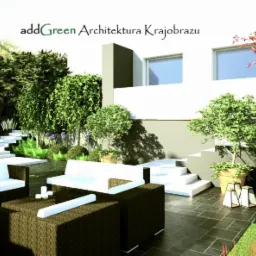 Wizualizacja ogrodu z nowoczesnym tarasem, białymi meblami wypoczynkowymi i schodami prowadzącymi do budynku, z widocznymi elementami zieleni i dekoracyjnego oświetlenia.