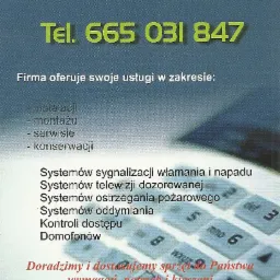Ulotka reklamowa firmy oferującej instalacje, montaż, serwis i konserwację systemów sygnalizacji włamania, telewizji dozorowanej, ostrzegania pożarowego, oddymiania, kontroli dostępu oraz domofonów...