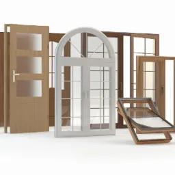 Różnorodne drzwi i okna: zewnętrzne, wewnętrzne, PCV, drewniane i aluminiowe. Prezentacja modeli z różnymi wykończeniami i stylami na białym tle.