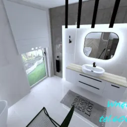 Wizualizacja łazienki z oświetlonym lustrem, białą szafką z umywalką, szarą płytką imitującą marmur i dywanikiem z napisem 'Find a beautiful place and get lost'.