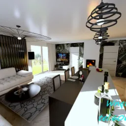 Wizualizacja przestronnego wnętrza z sofą, stołem, wyspą kuchenną i dekoracyjnymi lampami wiszącymi, z roślinnym motywem na ścianie w tle.