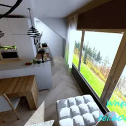 Wnętrze kuchni z jadalnią w nowoczesnym stylu, widok z góry, z oknami z widokiem na zieleń, nad stołem wiszące lampy o spiralnym kształcie.