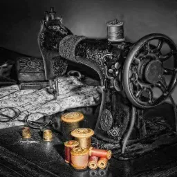 Antyczna maszyna do szycia z akcesoriami krawieckimi w Pile, w tym szpulki nici, naparstki i okulary, na tle wzorzystego materiału.