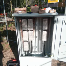 Otwarta szafa telekomunikacyjna z widocznymi złączami kablowymi, skrzynkami i przewodami. Na górze szafy leżą kartony i narzędzia, a w tle widoczne ogrodzenie i budynek.