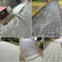 ZmyjTo - Mycie kostki brukowej pod ciśnieniem, widoczne efekty czyszczenia na różnych fragmentach ścieżki. Częściowo oczyszczony napis na kostce.