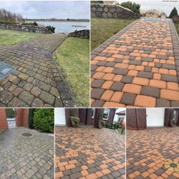 ZmyjTo - Porównanie stanu kostki brukowej przed i po czyszczeniu. Widoczne różnice w kolorze i czystości, z uwzględnieniem otoczenia: trawnika, jeziora i zabudowań.