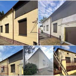 ZmyjTo - Kompozycja zdjęć elewacji budynku przed i po czyszczeniu. Widoczne różnice w kolorze i czystości ścian, detale architektoniczne, brama w tle.