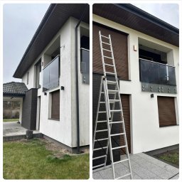 ZmyjTo - Dwuczęściowe ujęcie domu przed i po czyszczeniu elewacji, z drabiną opartą o ścianę. Widoczne różnice w czystości fasady i kostki brukowej.