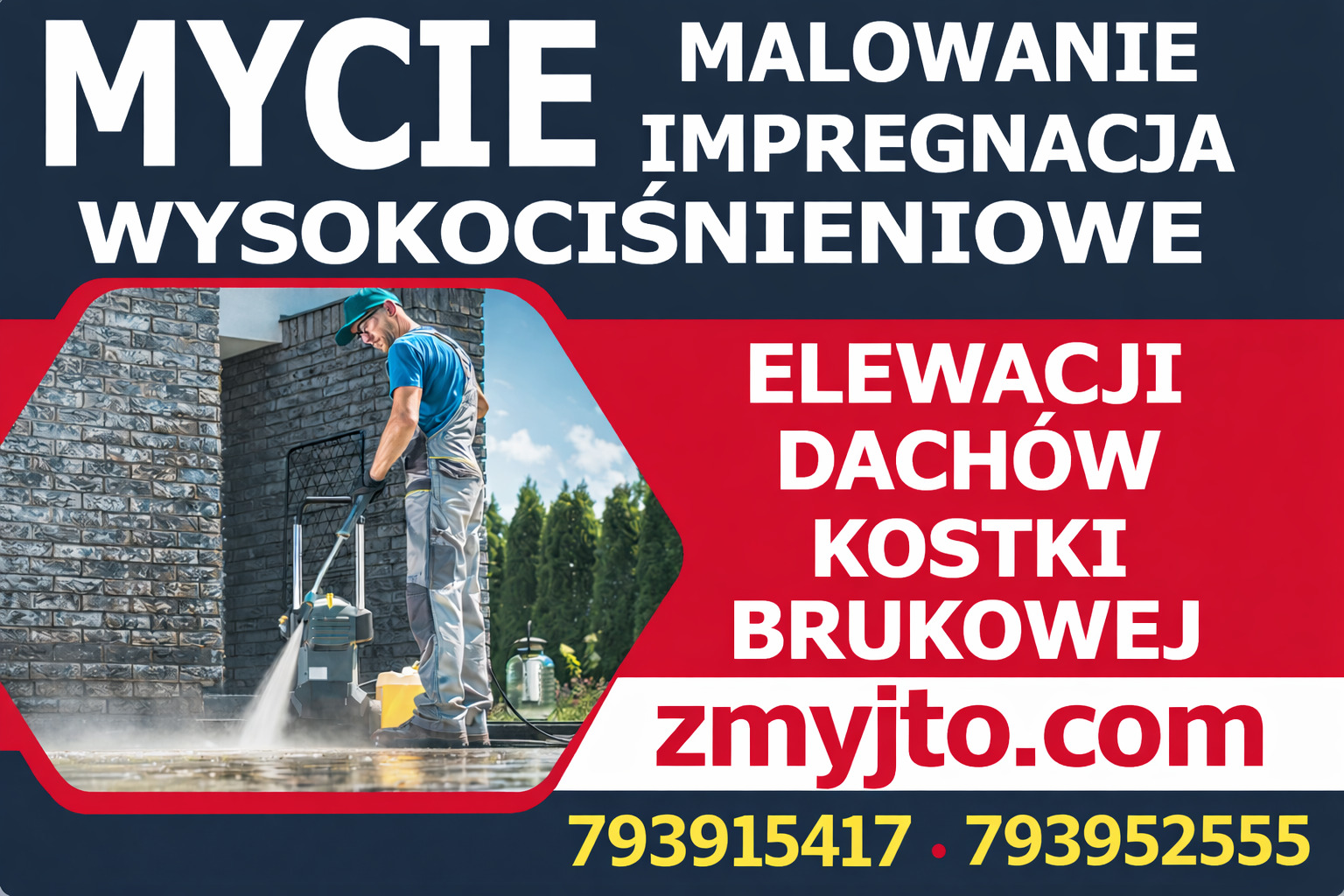 Grafika reklamowa: mężczyzna w kombinezonie czyści elewację myjką ciśnieniową. W tle budynek, drzewa. Tekst: Mycie, malowanie, impregnacja, elewacji, dachów, kostki brukowej.