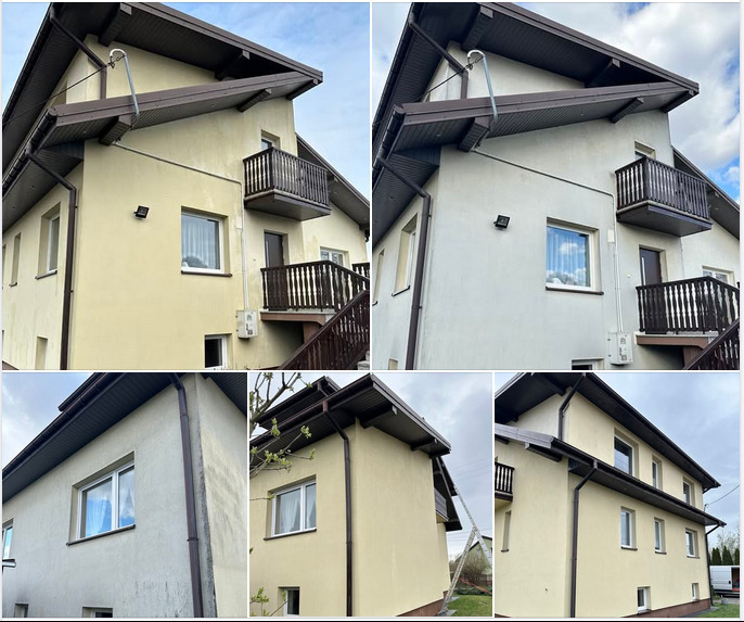 Porównanie elewacji domu przed i po czyszczeniu. Lewa strona: zabrudzona, prawa: odświeżona, jaśniejsza. Widoczne różnice w kolorze i usunięte zacieki.