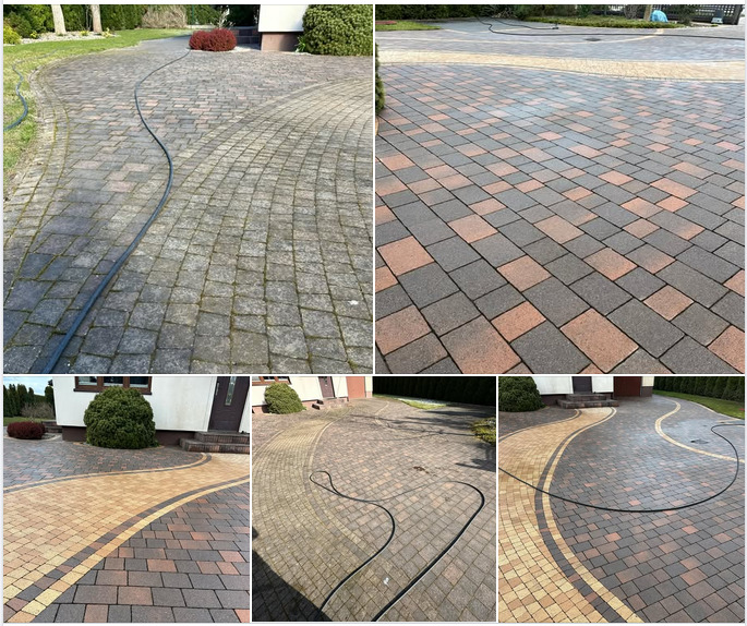 Efekt przed i po czyszczenia kostki brukowej na podjeździe. Połowa powierzchni wyczyszczona, ukazując różnicę w kolorze i usunięcie zabrudzeń. Wąż ciśnieniowy na kostce.