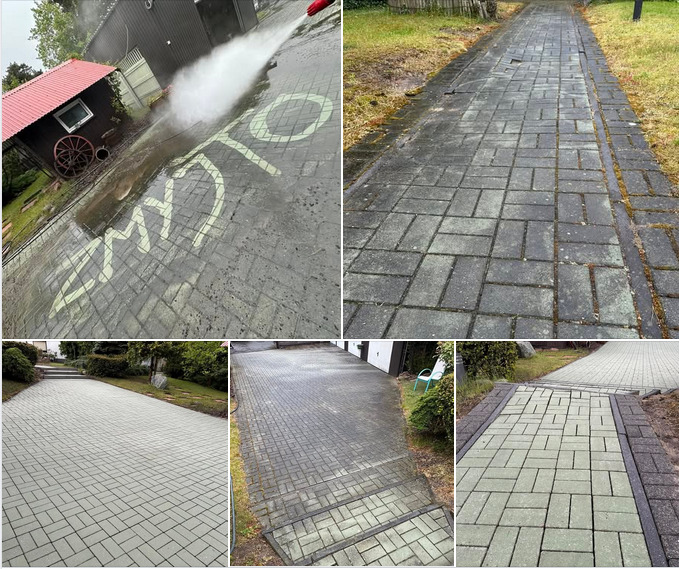 Mycie kostki brukowej pod ciśnieniem, widoczne efekty czyszczenia na różnych fragmentach ścieżki. Częściowo oczyszczony napis na kostce.