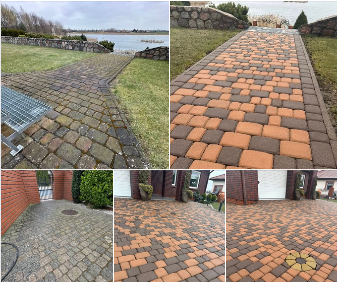 Porównanie stanu kostki brukowej przed i po czyszczeniu. Widoczne różnice w kolorze i czystości, z uwzględnieniem otoczenia: trawnika, jeziora i zabudowań.