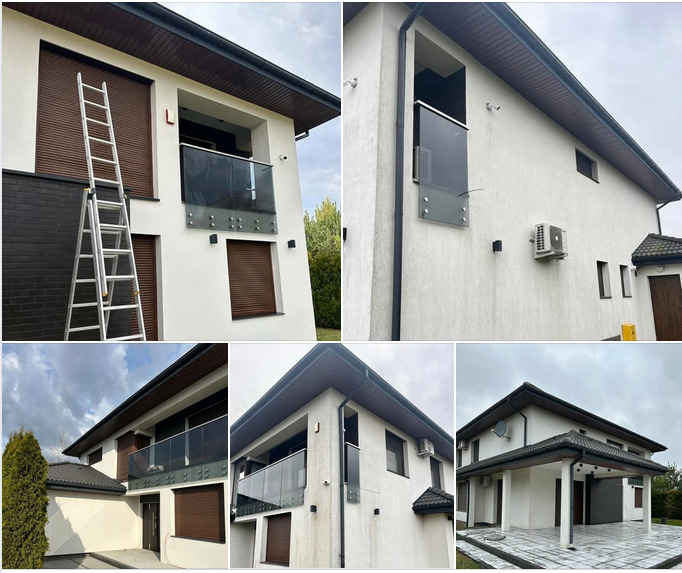 Biała elewacja domu z brązowymi roletami i szklanymi balustradami balkonów. Aluminiowa drabina oparta o ścianę. Widok z różnych perspektyw.