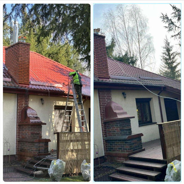 Porównanie dachu przed i po czyszczeniu. Po lewej stronie dachu widać pracownika na drabinie podczas czyszczenia, po prawej stronie dach po czyszczeniu.